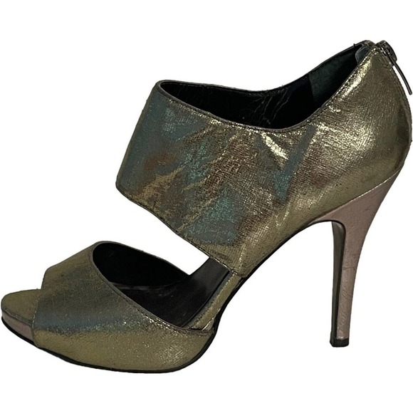 Nine West Silver Metallic Peep Toe Back Zip Stiletto Platform Heels 7.5 - Picture 3 of 10